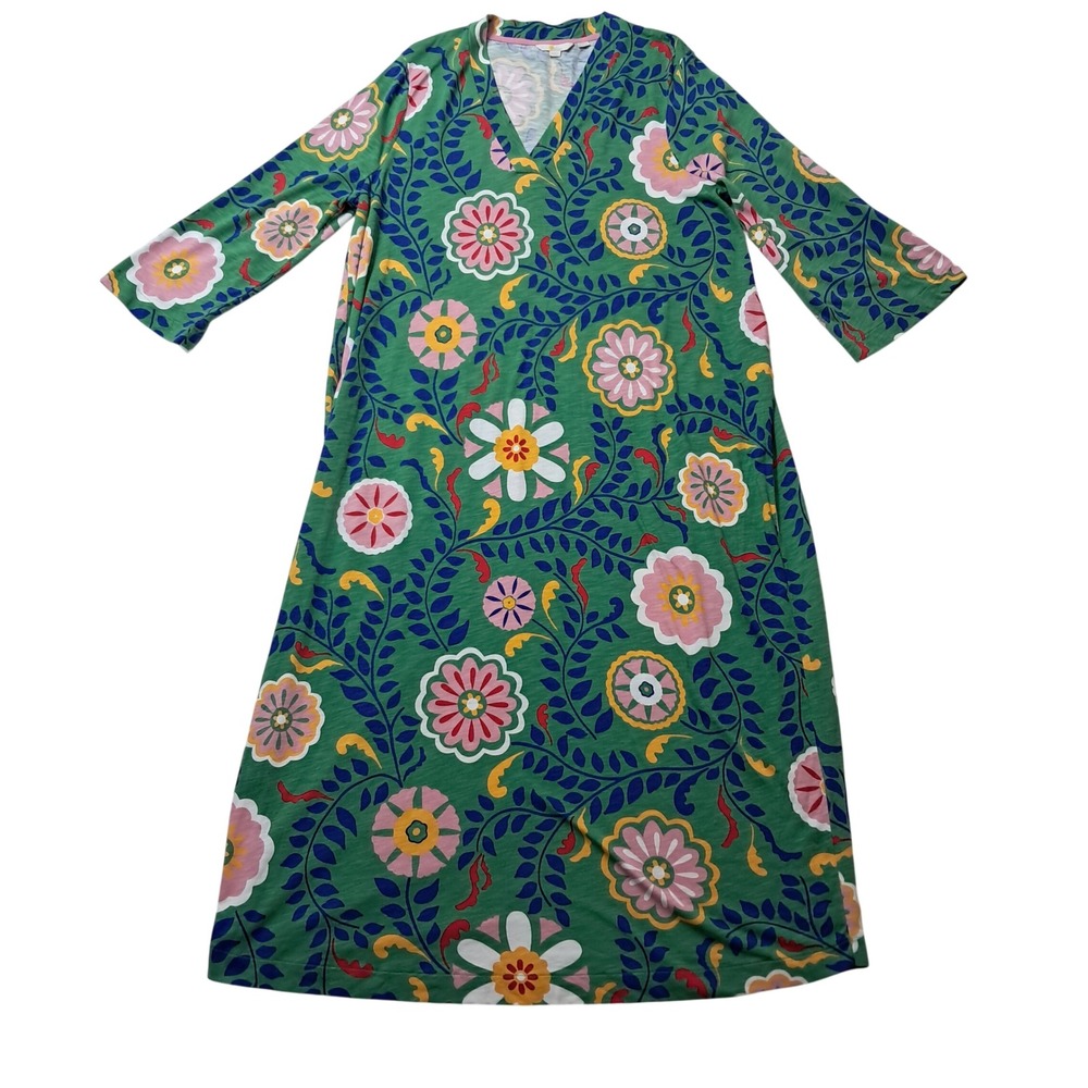 Boden Maxi Dress Womens 16/18R Green Floral V-Neck 3/4 Sleeve Retro Mod Casual